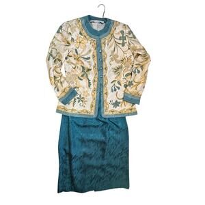 Anne Crimmins UMI Silk 2 Piece Skirt Suit Gold Cream Teal Size 8 -80s/90s Set